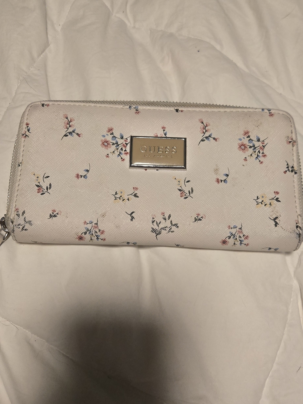 GUESS Cream Floral Zip Wallet with Gold Plaque
